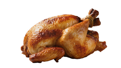 Whole roasted golden brown chicken with crispy skin tied with twine, isolated on transparent background for culinary menus and recipes © Joao