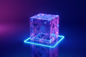 Fototapeta premium Glowing Cube of Data Points on a Neon Platform
