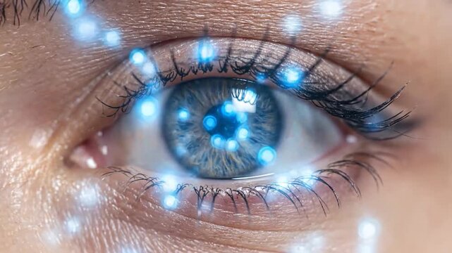 Close-up of a human eye with glowing digital data points reflecting in the iris, symbolizing technology and vision
