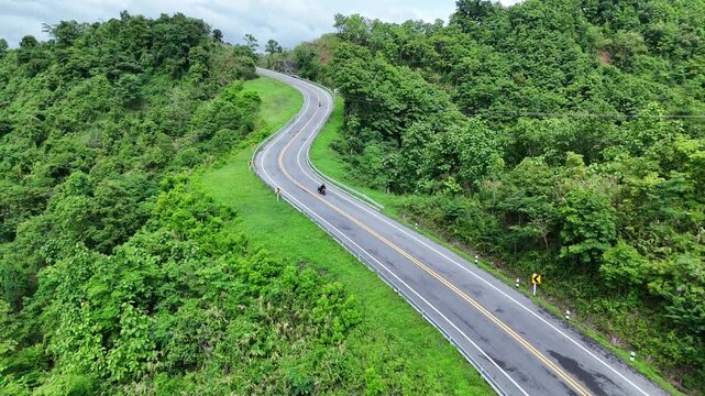 Winding Road Through Lush Green Forest Scenic and Tranquil Drive Amidst Vibrant Foliage and Serene Landscape