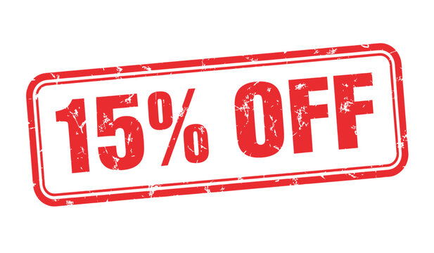 Bold red stamp with '15 off' text indicating a discount or promotional offer