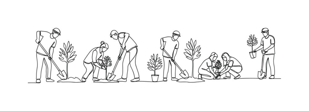 Tree Planting Event. Minimalistic one-line drawing people digging holes and planting young trees together, continuous single black line on white background,