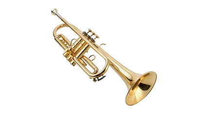 Obraz premium Brass trumpet placed on a white background showcasing its shiny surface and detailed design