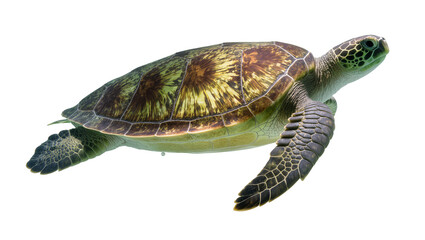 Green mottled sea turtle gracefully swimming displaying textured shell and flippers, isolated on transparent background for marine life designs © Joao