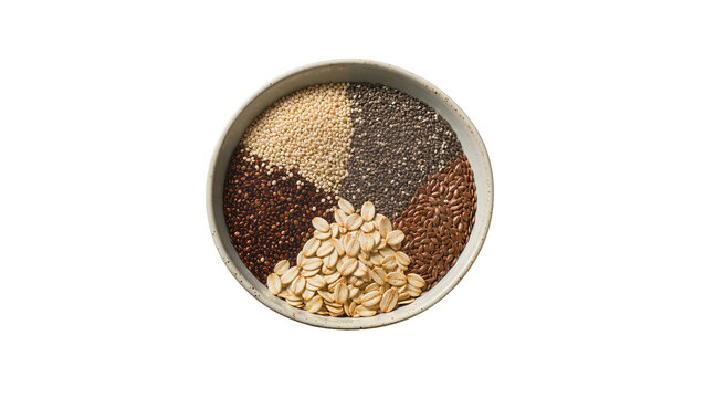 Ceramic bowl filled with diverse grains including quinoa flaxseed and oats, isolated on transparent background for healthy eating concepts