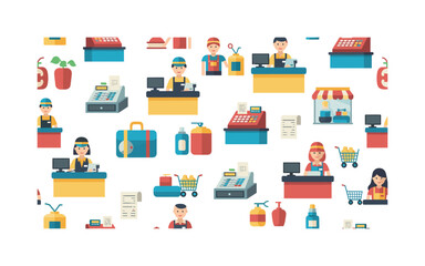 Fototapeta premium retail service icons seamless pattern, repeating pattern, surface design, textile print, modern illustration of cashiers, counters, products, registers,