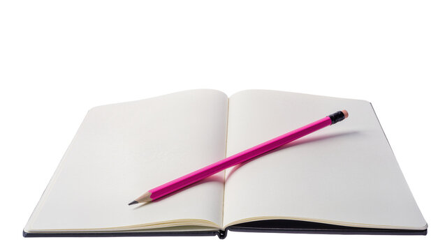 Open blank notebook with crisp empty pages displaying a vibrant magenta pencil diagonally across, isolated on transparent background for design