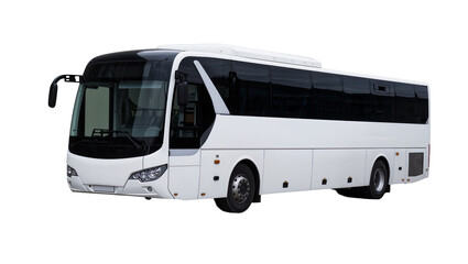 Sleek modern passenger coach bus with large windows and black accents, isolated on transparent background for transportation graphics © Claudia