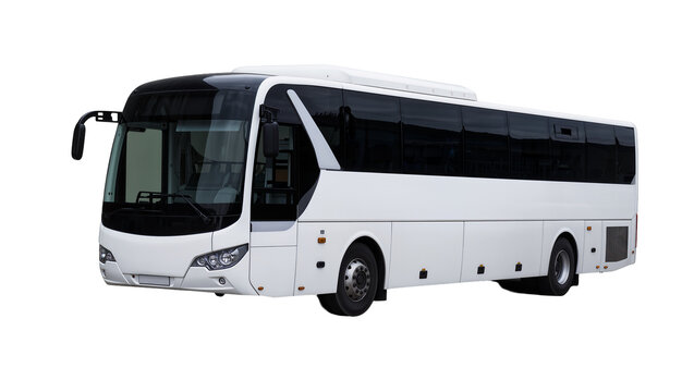 Sleek modern passenger coach bus with large windows and black accents, isolated on transparent background for transportation graphics