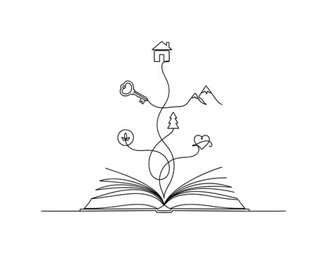 Narrative Symbols. Minimalistic one-line drawing icons and lines emerging from open book, continuous single black line on white background, simple outline