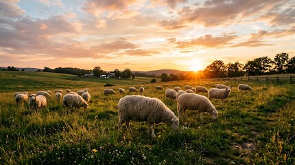 Obraz premium Herd of sheep grazing in a field during a golden sunset