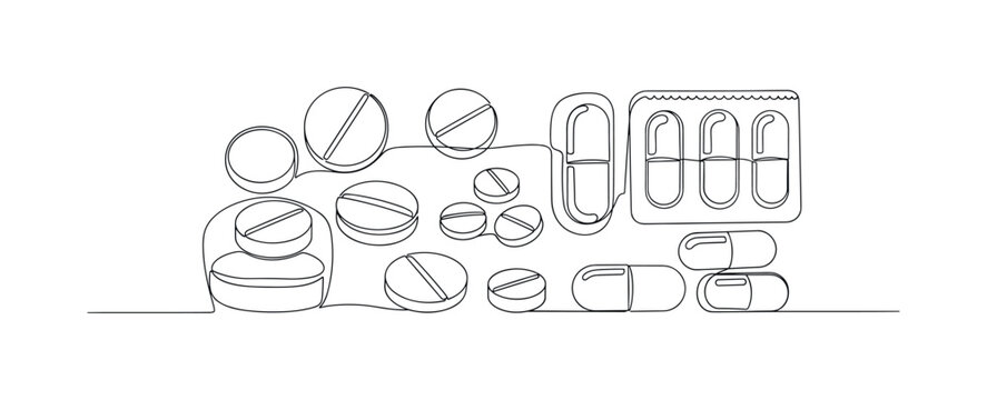 Drug Tablets. Minimalistic one-line drawing round and oval tablets placed beside capsule containers, continuous single black line on white background, simple