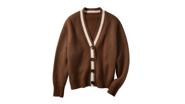 Brown cable-knit cardigan sweater with cream-colored V-neck and button front, isolated on transparent background for fashion mockups