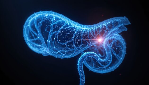 Human Digestive System Anatomy Illustration: Glowing Blue Stomach, Intestines, and Esophagus on Black Background