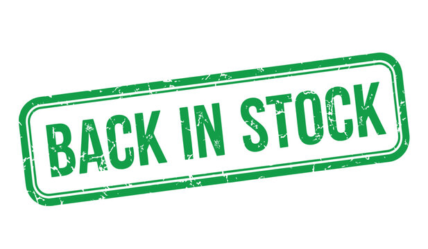 Green rectangular stamp with bold white text declaring 'back in stock' availability