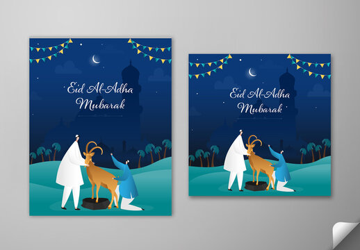 Editable Eid Al Adha Mubarak Greeting Social Media Post Template Set with Muslim Men Character Holding Qurbani Goat on Teal and Blue Silhouette Mosque Night Background.