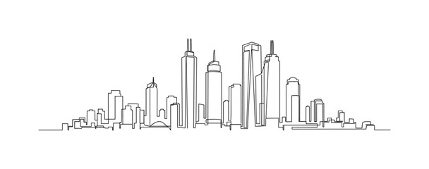 Fototapeta premium Metropolis View. Minimalistic one-line drawing urban skyline with tall structures, continuous single black line on white background, simple outline style, no