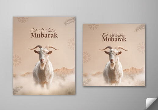 Editable Eid Al Adha Mubarak Greeting Social Media Post Template Set with Qurbani Goat on Beige and Sand Background.