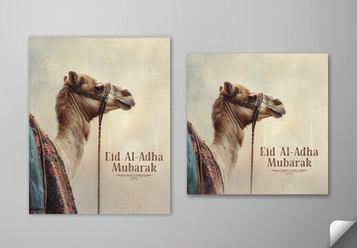 Editable Eid Al Adha Mubarak Greeting Social Media Post Template Set with Qurbani Camel on Beige Silhouette Mosque Background.