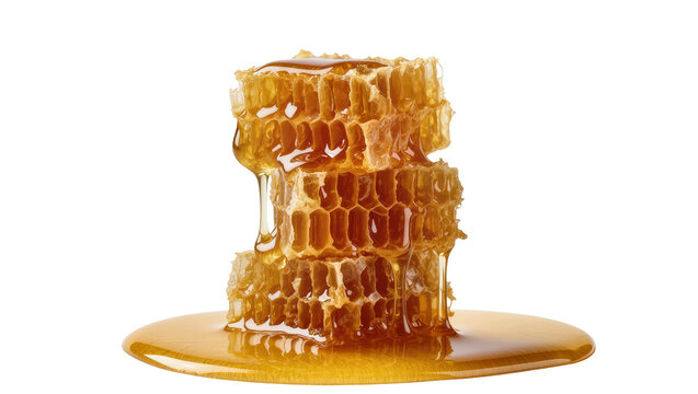 Stack of golden honeycomb dripping with viscous honey, isolated on transparent background for food packaging and natural sweetener designs
