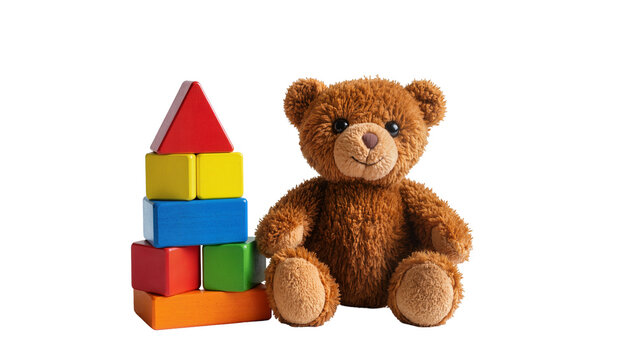 Fluffy brown teddy bear sitting next to a colorful stack of wooden building blocks, isolated on transparent background for playful designs