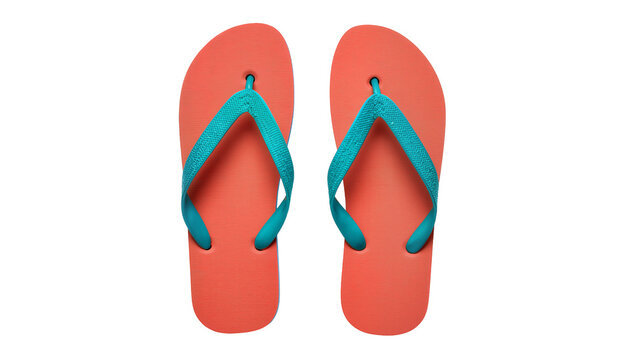 Bright coral red rubber flip-flops with turquoise blue straps, perfectly arranged and isolated on transparent background for summer fashion designs