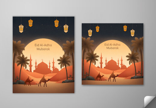 Editable Eid Al Adha Mubarak Greeting Social Media Post Template Set with Silhouette Camel Riders and Mosque on Desert Landscape Sunset Background.