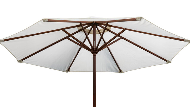 Large beige patio umbrella with wooden frame and canopy, isolated on transparent background for outdoor furniture design and summer concepts
