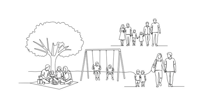 Community Green Space. Minimalistic one-line drawing families, children, and friends enjoying park outdoors, continuous single black line on white background,