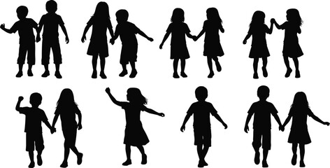 Fototapeta premium Children silhouettes collection, kids playing and holding hands, happy childhood activity, black shadow figures, playful poses, isolated design, social interaction