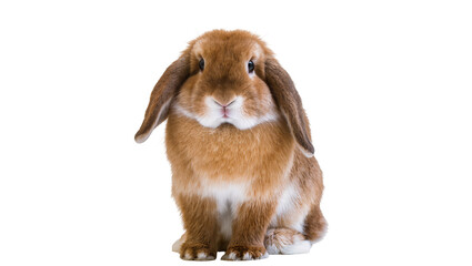 Adorable reddish-brown lop-eared rabbit sitting attentively displaying fluffy fur and gentle eyes, isolated on transparent background for pet adoption ads © Joao