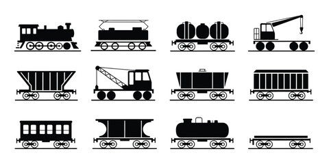 Locomotive and wagon icon collection, including engine and freight cars, isolated vector sketch in black and white © MDSAIDUR