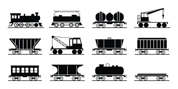 Locomotive and wagon icon collection, including engine and freight cars, isolated vector sketch in black and white