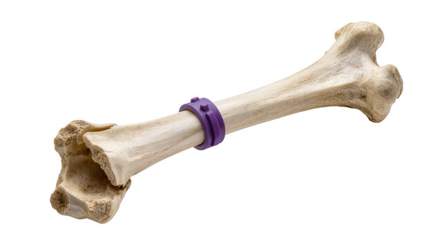 Large animal bone with textured surface and a purple plastic collar, isolated on transparent background for veterinary or pet care designs