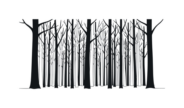 Deep Forest. Minimalistic one-line drawing thick forest with overlapping dark tree trunks, continuous single black line on white background, simple outline