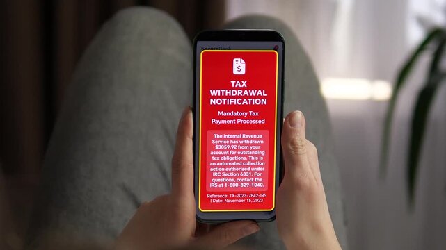 Shocking transition from a healthy bank balance to a red IRS tax withdrawal notification. Perfect for videos about unexpected expenses, taxation, personal finance stress, and government debt