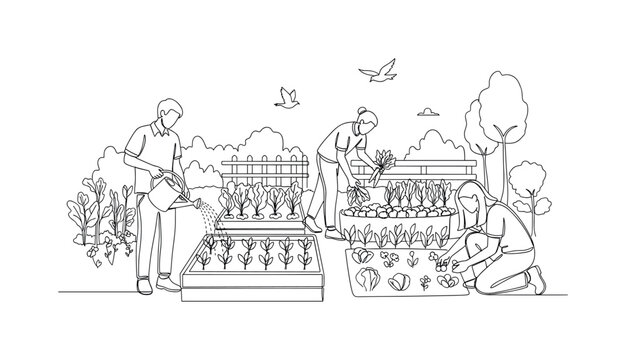 Green Space Interaction. Minimalistic one-line drawing people watering plants and harvesting in a shared urban garden, continuous single black line on white