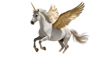 Majestic gray unicorn with flowing mane and tail displaying large golden feathered wings, isolated on transparent background for fantasy designs © Fernando