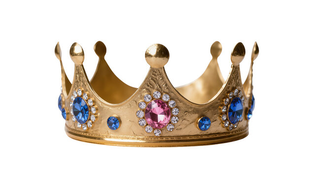 Ornate golden crown with sparkling blue and pink gemstones, elegantly detailed and isolated on transparent background for royalty designs