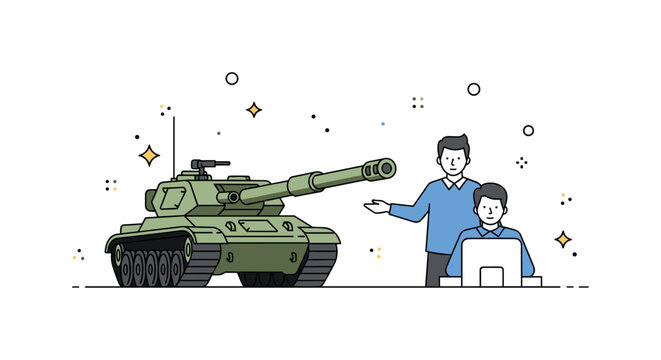 Tanks heavy artillery focus scene where a tank barrel is prominent while tiny sparkle and star icons highlight power, precision, and mechanized strength. The