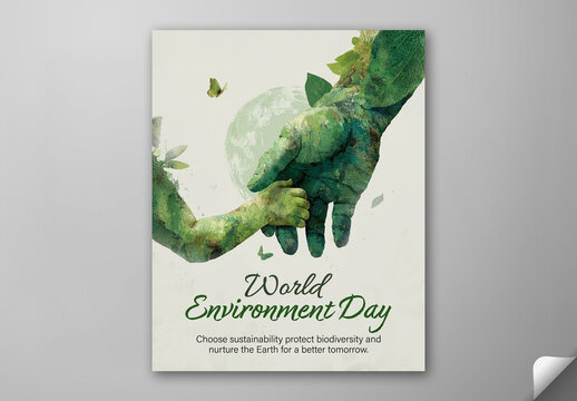 Editable World Environment Day Social Media Post Template with Double Exposure of Child and Adult Hands Holding for Nature and Future Generations.
