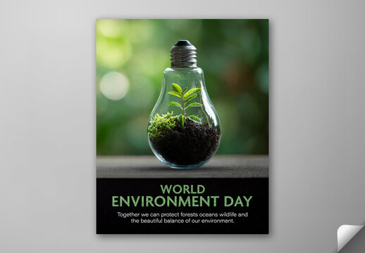 Editable World Environment Day Social Media Post Template with Green Plant Growing Inside Bulb Representing Renewable Energy Photo.
