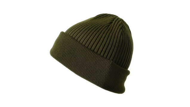 Dark olive green knitted beanie hat with folded brim, showcasing a classic winter accessory isolated on transparent background for fashion designs