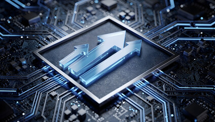 Fototapeta premium Digital upload arrow on processor chip with circuit board background, data transfer, cloud computing and advanced technology network concept