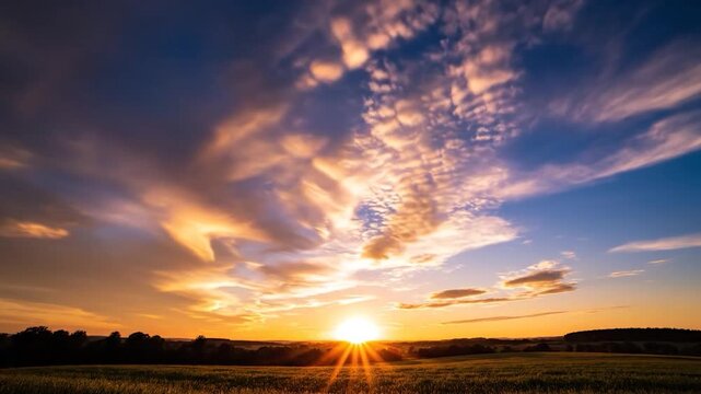 Vibrant sunset paints the sky with fiery colors over a silhouetted landscape of rolling hills and fields