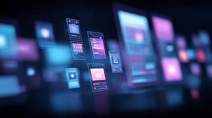 Fototapeta premium Floating digital interface screens in abstract neon technology environment