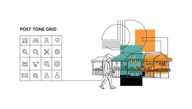 Post Tone Grid. Minimalistic one-line drawing labeled 2x2 chart with small symbols representing different social media styles, continuous single black line on
