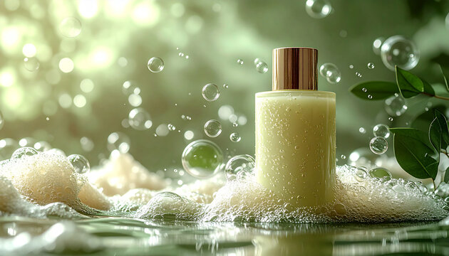 A yellow cosmetic bottle surrounded by lush foam and bubbles in a vibrant green, watery setting.