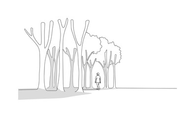 Obraz premium Silent Woods. Minimalistic one-line drawing person walking quietly among shadowy trees, continuous single black line on white background, simple outline style,
