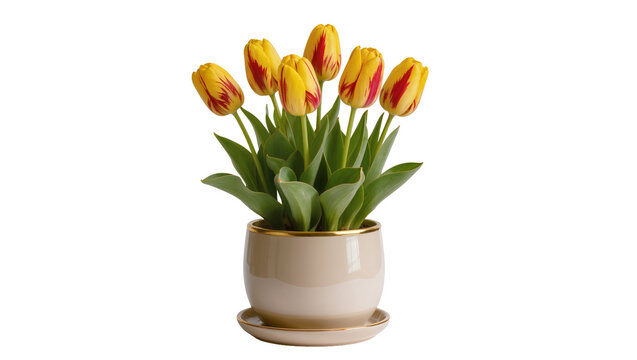 Vibrant yellow and red tulips blooming in a round beige ceramic pot with gold trim, isolated on transparent background for floral design elements